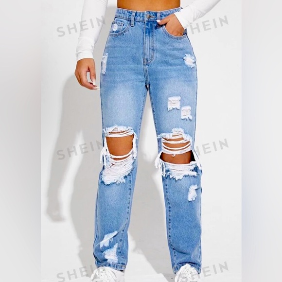 SHEIN Denim - SHEIN Blue Distressed High Rise Jeans